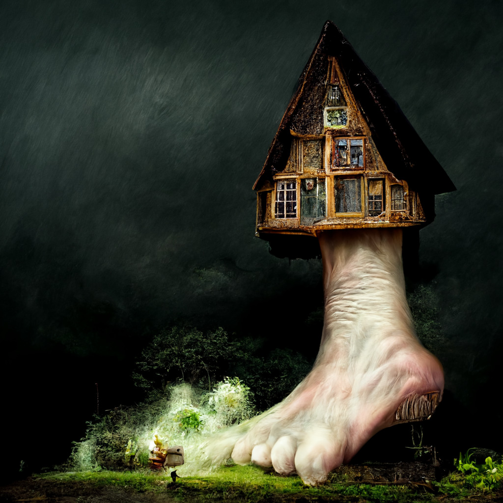 Giant angry foot stomping through house