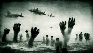 Many ghostly hands coming up out of ocean