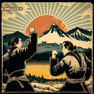 Ukiyoe image of two men fighting with Mount Fuji and rising sun in background