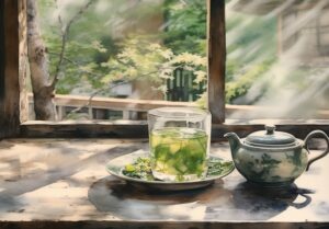 painting of a cup of cold green tea teapot nearby