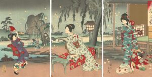 Triptych of three geishas in traditional dress against diverse settings: snowy outdoors, tatami mat room, and room with sliding doors.