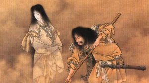 A painting of Izanagi, the Japanese god of creation, and Izanami, the Japanese goddess of death, standing together. Izanagi is holding a sword and Izanami is wearing a white robe.
