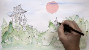 Artist's hand drawing a serene Japanese landscape with a bell tower and rising sun, symbolizing 'Joya no Kane,' a traditional end-of-year bell-ringing ceremony, on a sketchpad, with watercolors and a brush, against a backdrop of artistic tools.