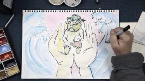Sketch of a Nami Kozo with waves, artist's hand drawing.