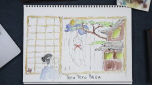 Hand-drawn watercolor illustration of Teru Teru Bozu, traditional Japanese weather doll, hanging outside a window with a scenic view of a tree and house facade, showcasing Japanese culture and art.