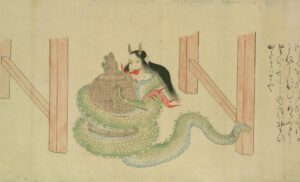 Japanese folklore painting depicting Kiyohime myth: woman transformed into green serpent coiled around golden temple bell, hiding monk Anchin inside. Traditional brushwork on aged paper shows wooden temple pillars, capturing dramatic moment from classic legend of unrequited love and revenge.