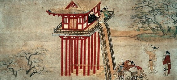 Tōdaiki: The Truly Horrific Tale of the Candlestick Demon (Ep. 171) 7 A traditional Chinese scene depicting a tall wooden structure supported by red columns, with figures engaging in various activities, including one person seated at the top and others gathered around the base, amidst a landscape featuring sparse trees and hills in the background.