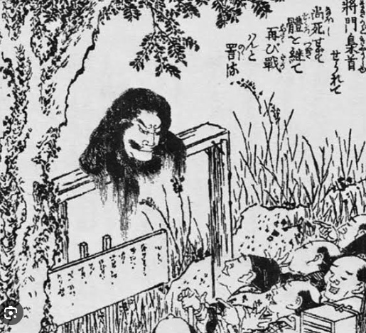 A Cursed Severed Head: Taira no Masakado (Ep. 175) 2 Ghostly figure at wooden gate in traditional setting