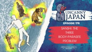 Mystical creatures and a floating figure in a colorful, surreal scene.