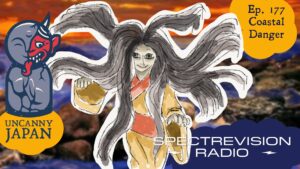 Spectral figure with devil mask against a sunset backdrop