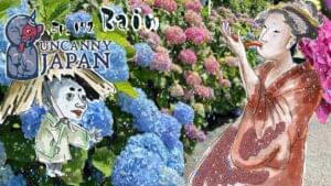 Rainy scene with hydrangeas, kimono-clad figure, and karakasa kozo yokai.