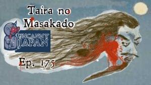 Illustration of Taira no Masakado with bold features and red accents