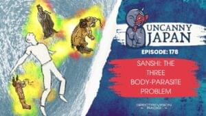 Mystical creatures and a floating figure in a colorful, surreal scene.