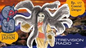 Spectral figure with devil mask against a sunset backdrop